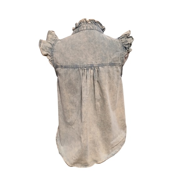 Entro Women Acid Wash Denim Ruffle Button Down Top Sleeveless Blue Size S Boho - Picture 4 of 10